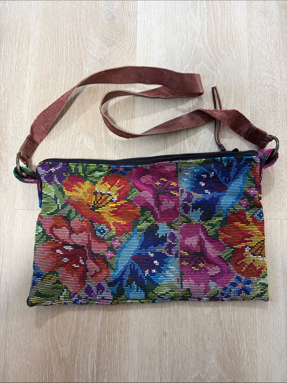 Floral Multicolor Tapestry Crossbody Bag with in Brown Strap